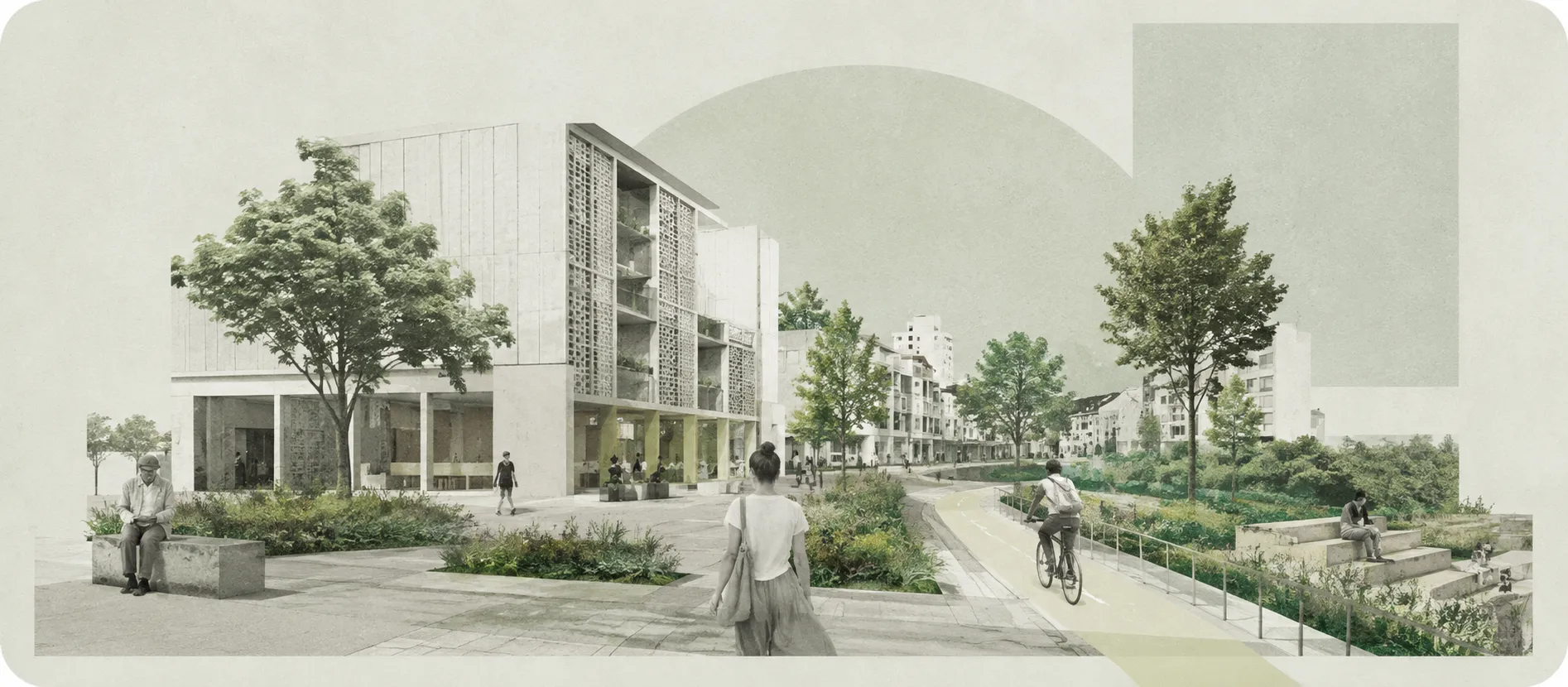 Render de una calle urbana con arquitectura, ciclovía y espacio público arbolado