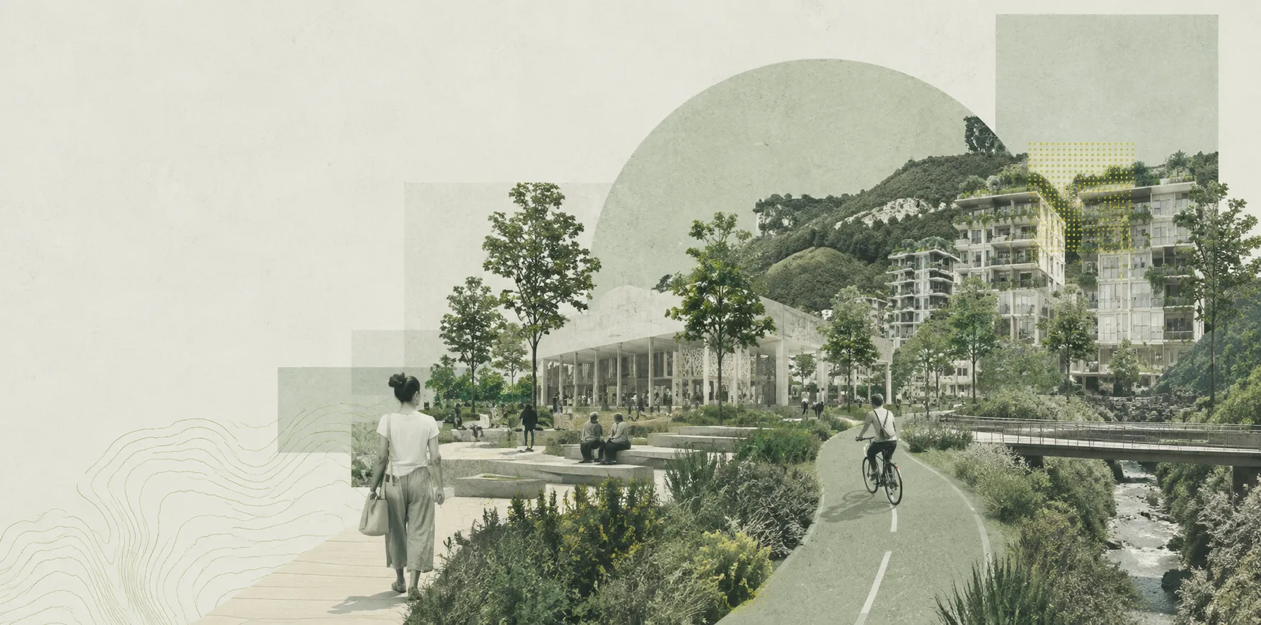 Collage de un desarrollo urbano con ciclovía, edificios residenciales y zona verde junto a un río